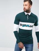 Asos Muscle Long Sleeve Rugby Polo With Color Block Panel & Erase Print - Green