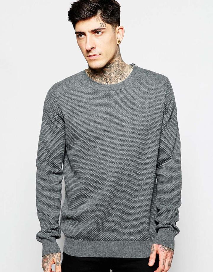 Lindbergh Sweater With Textured Knit & Zip Shoulder - Gray