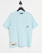 Asos Actual T-shirt With Cut And Sew Paneling Chest Pocket With Lgoo Woven Patches In Blue-blues