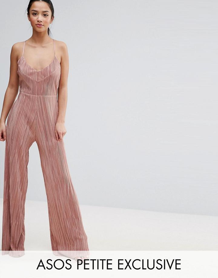 Asos Petite Plisse Wide Leg Jumpsuit - Pink