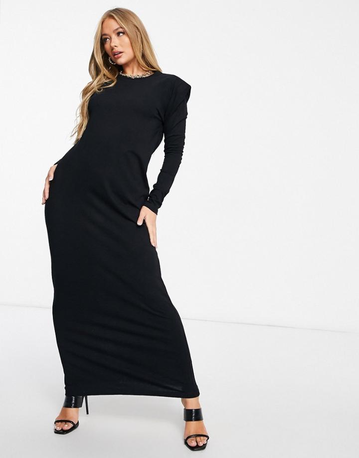 Asos Design Padded Shoulder Long Sleeve Maxi Dress In Black