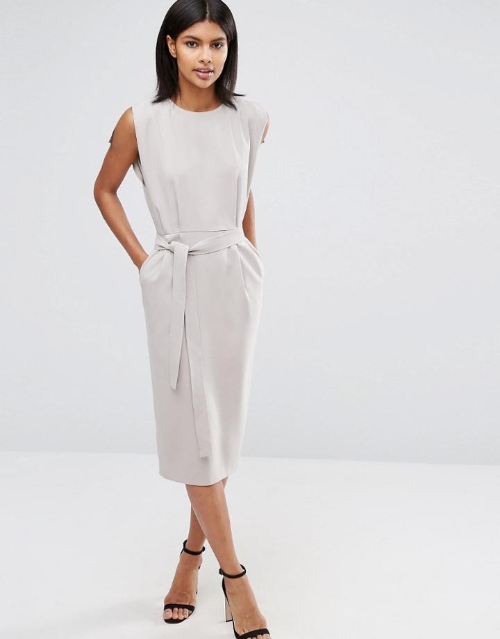 Asos Belted Midi Dress With Split Cap Sleeve And Pencil Skirt - Gray