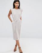 Asos Belted Midi Dress With Split Cap Sleeve And Pencil Skirt - Gray