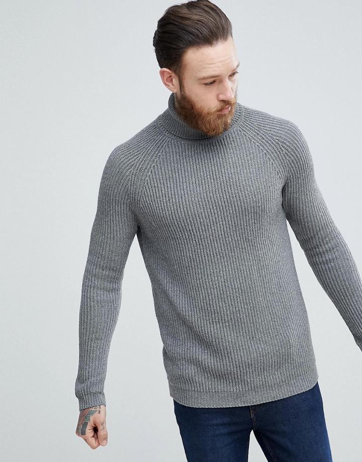 Asos Ribbed Wool Roll Neck Sweater In Charcoal - Gray
