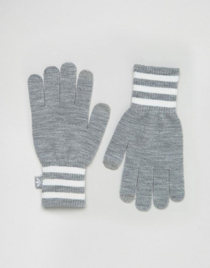 Adidas Originals Knitted Gloves With Three Stripe Trim - Gray