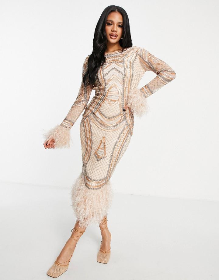 Asos Design Long Sleeve Embellished Midi Dress With Feather Trims In Gold-multi