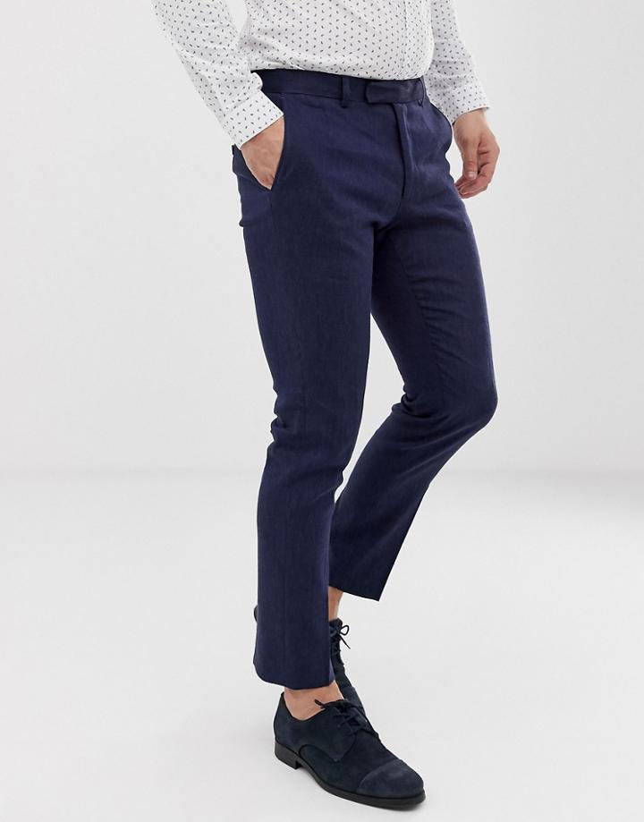 Moss London Slim Suit Pants In Navy Linen With Stretch - Navy