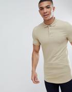 Asos Design Longline Muscle Fit Polo With Curved Hem In Beige - Beige
