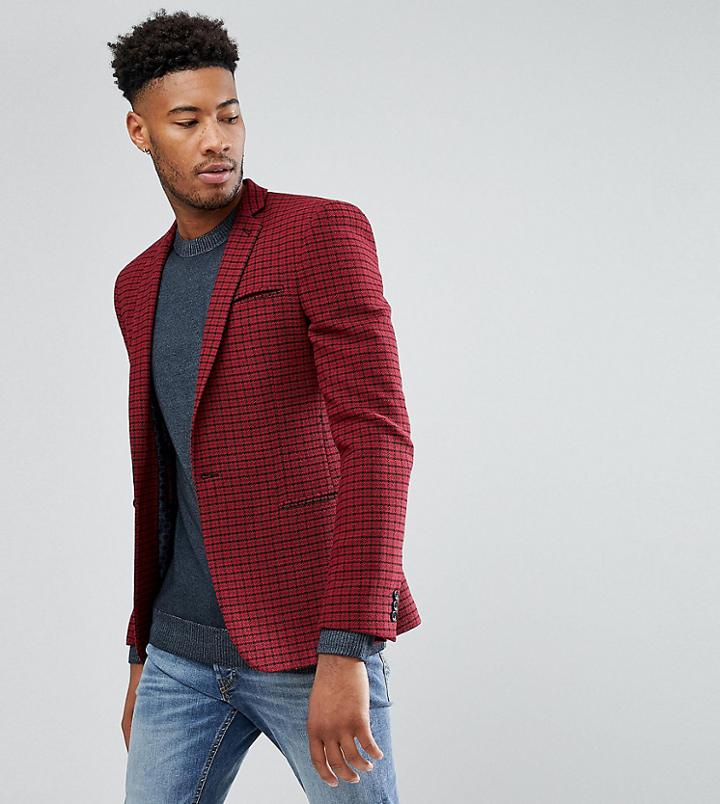 Asos Tall Super Skinny Blazer In Red Wool Mix Mini Check - Red