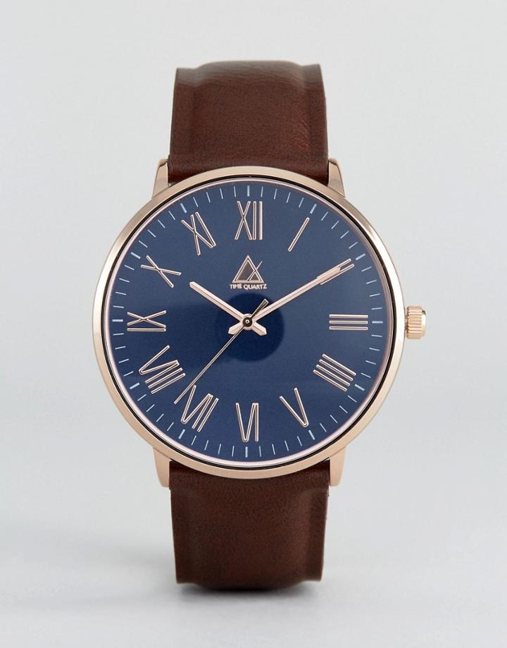 Asos Classic Watch With Navy Face And Roman Numerals - Brown