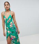 Asos Design Tall Slinky Floral Cami Drape Midi Dress - Multi