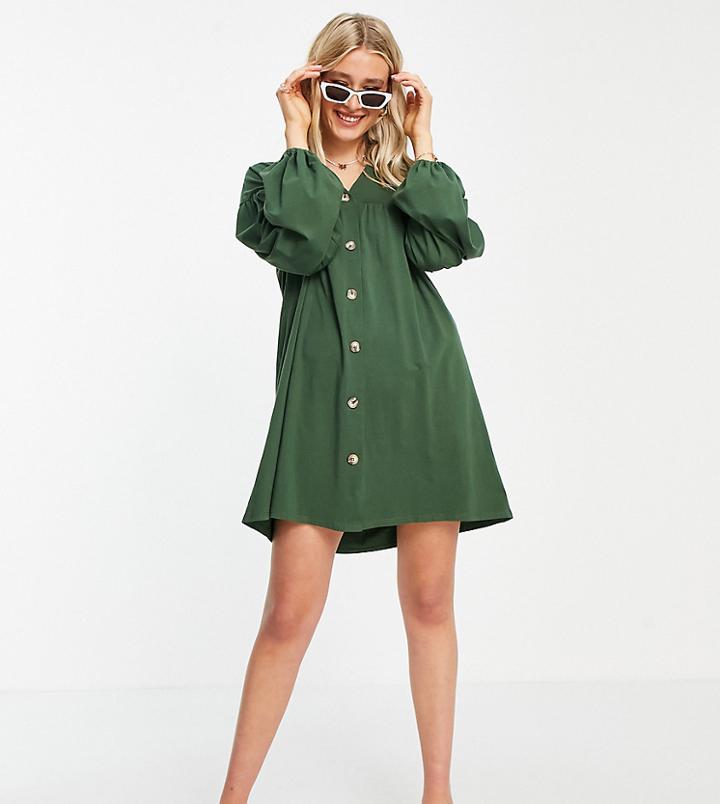Asos Design Tall Button Through Mini Smock Dress With Long Sleeves In Khaki-green