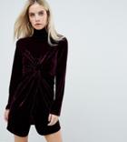 Fashion Union Petite Long Sleeve Mini Dress With High Neck In Velvet - Purple