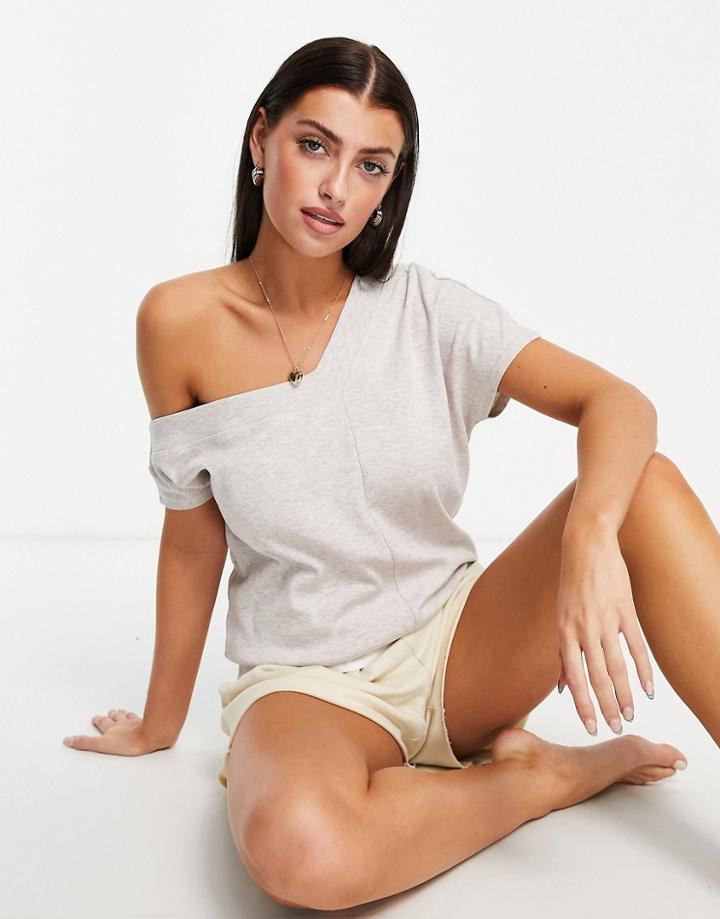 River Island Off Shoulder Bardot Lounge Top Set In Beige-neutral