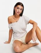 River Island Off Shoulder Bardot Lounge Top Set In Beige-neutral