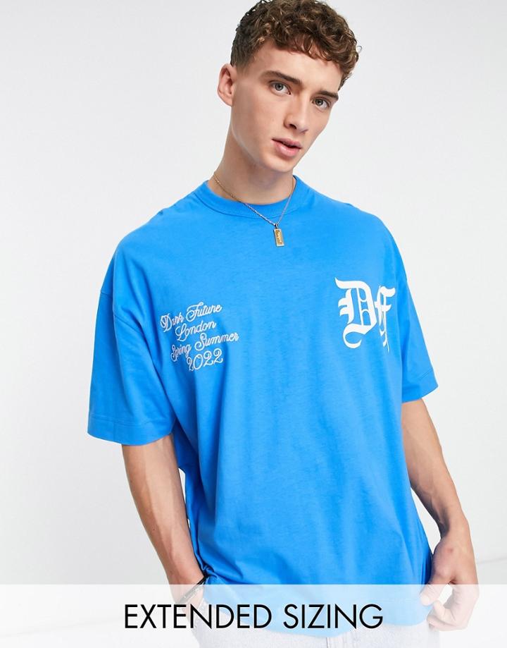 Asos Dark Future Oversized T-shirt With Gothic Text Print And Embroidery In Blue