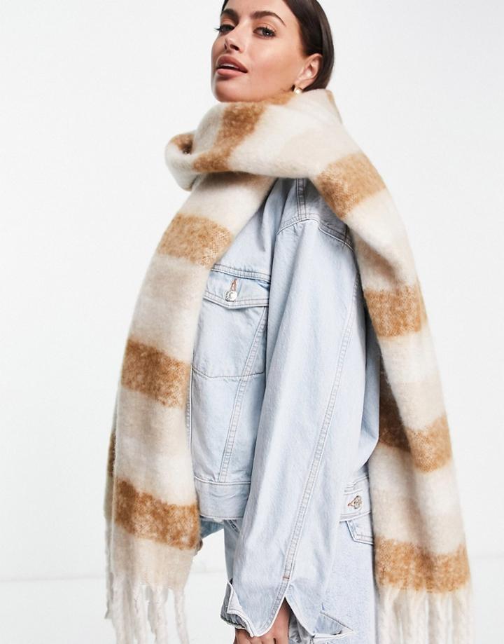 Asos Design Long Fluffy Tonal Stripe Scarf In Camel-multi