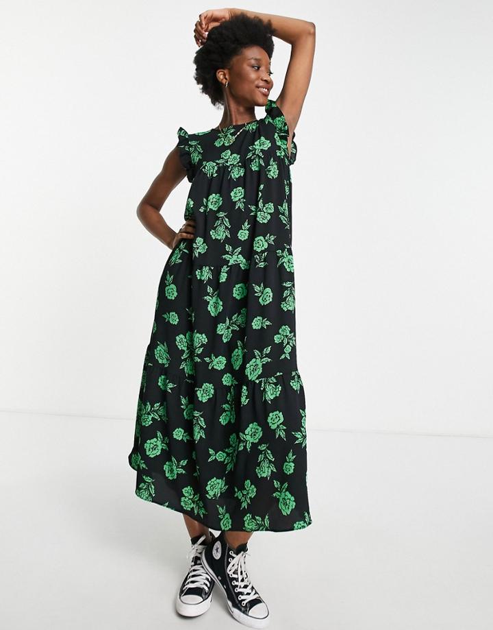 Asos Design Frill Sleeve Midi Dress In Black And Green Floral Print-multi