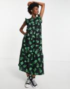Asos Design Frill Sleeve Midi Dress In Black And Green Floral Print-multi