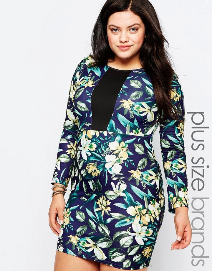 Praslin Plus Pencil Dress In Floral Print With Contrast Insert - Floral
