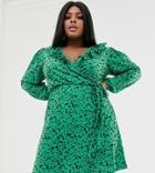 Pink Clove Wrap Front Mini Dress With Balloon Sleeve In Green Scatter Print - Green