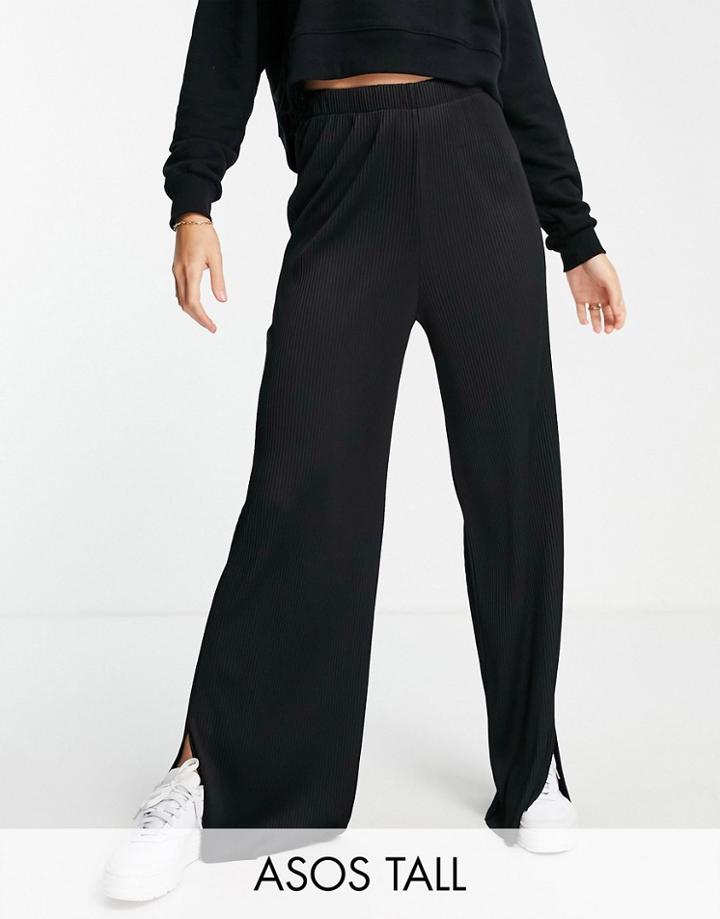 Asos Design Tall Wide Leg Plisse Pant With Side Split In Black