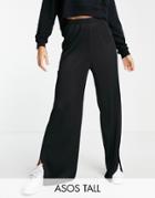 Asos Design Tall Wide Leg Plisse Pant With Side Split In Black
