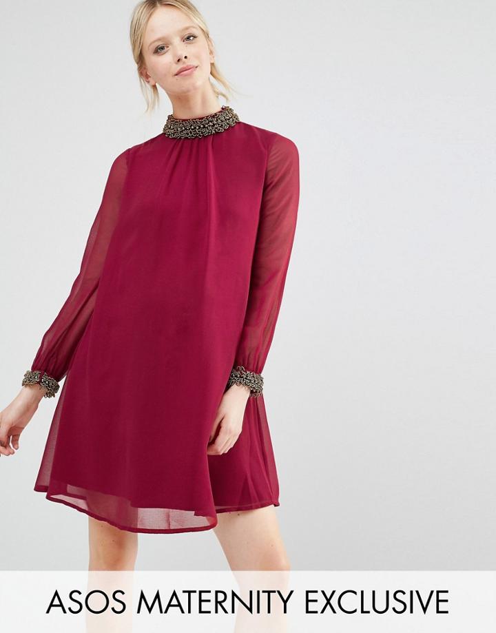 Asos Maternity Shift Dress With Gold Cluster Embellishment - Red
