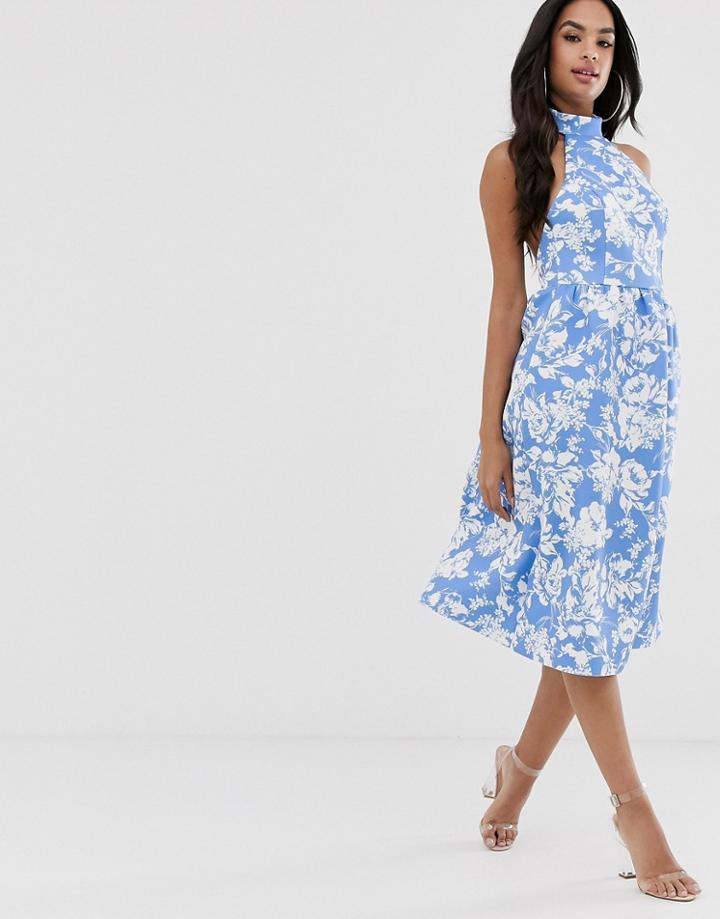 Asos Design Blue Floral Halter Midi Skater Dress - Blue