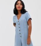 New Look Petite Button Down Romper In Light Blue