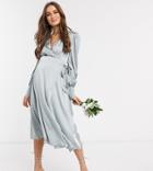 Tfnc Maternity Bridesmaid Long Sleeve Wrap Front Sateen Midi Dress With Belt In Sage-green