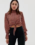 Prettylittlething High Neck Tie Front Cropped Blouse In Leopard - Red