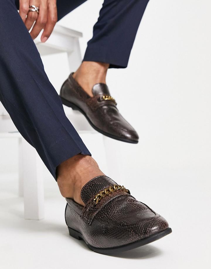 Asos Design Loafers In Brown Faux Leather With Snake Effect