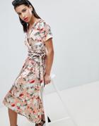 Vila Floral Satin Kimono Wrap Dress With Piping Detail-multi