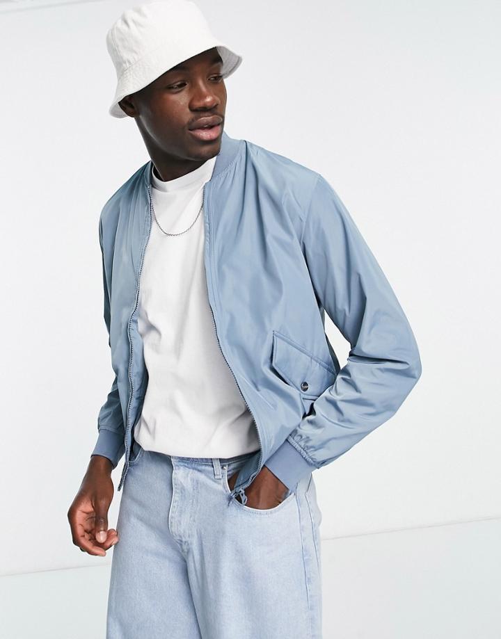 Pull & Bear Bomber Jacket With Snap Pockets In Light Blue