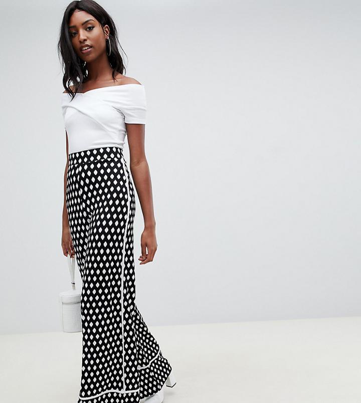 Asos Design Tall Wide Leg Pants With Contrast Bind In Mono Print - Black
