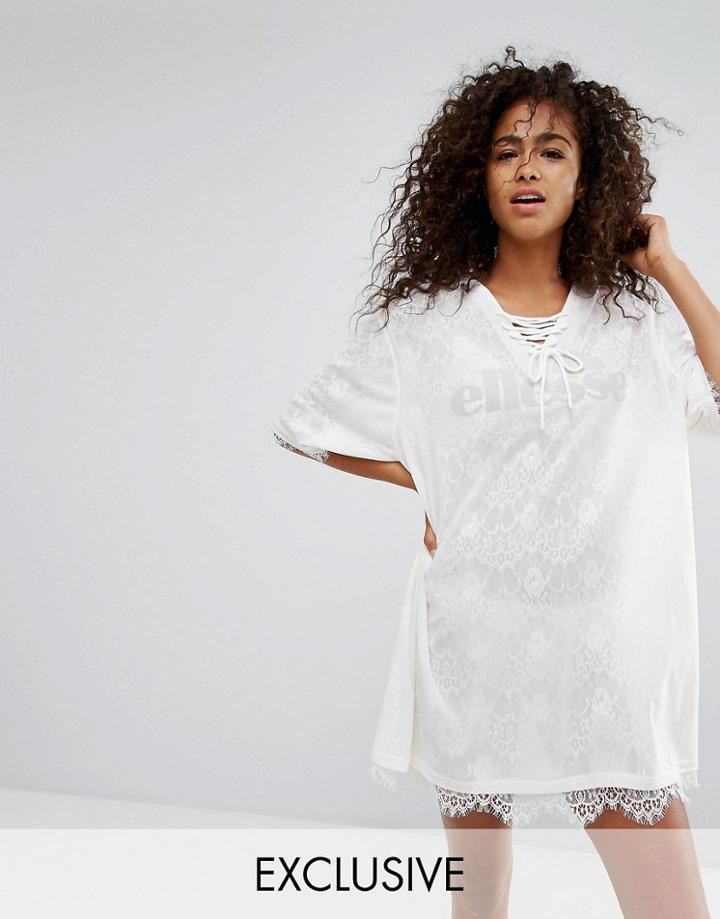Ellesse Mesh T-shirt Dress With Lace Trim Slip Underlay - White