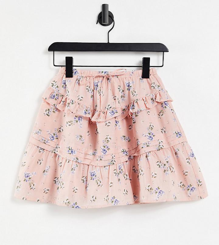 Asos Design Petite Tiered Mini Skirt In Pink Ditsy Floral Print-multi