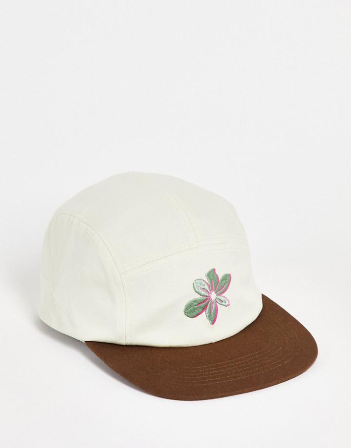 Asos Design 5 Panel Cap In Beige With Flower Embroidery-neutral