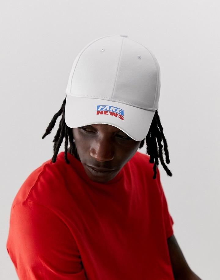 Asos Design Baseball Cap In White With 'fake News' Print