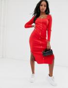 Asos Design Sweetheart Neck Popper Front Midi Dress-red