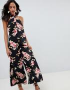 Asos Design Cross Front Jumpsuit With Wide Leg In Floral Print-multi