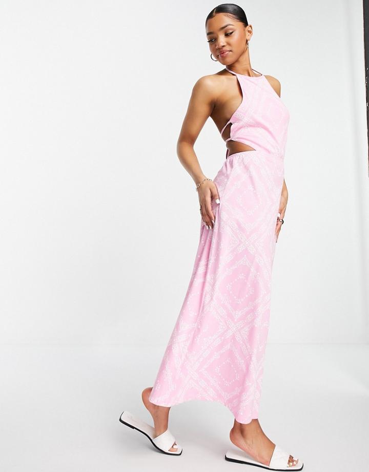 Asos Design Halter Maxi Dress With Open Back In Pink Bandana Print-multi