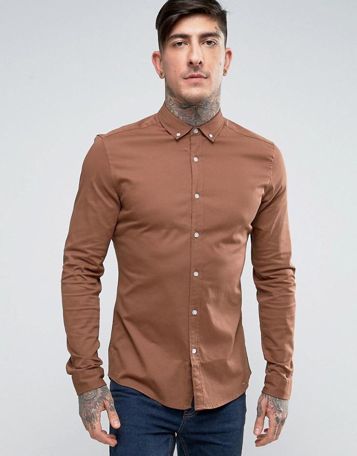 Asos Skinny Twill Shirt In Rust - Brown