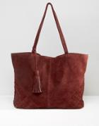 Asos Suede Shopper Bag With Weave Corners - Red