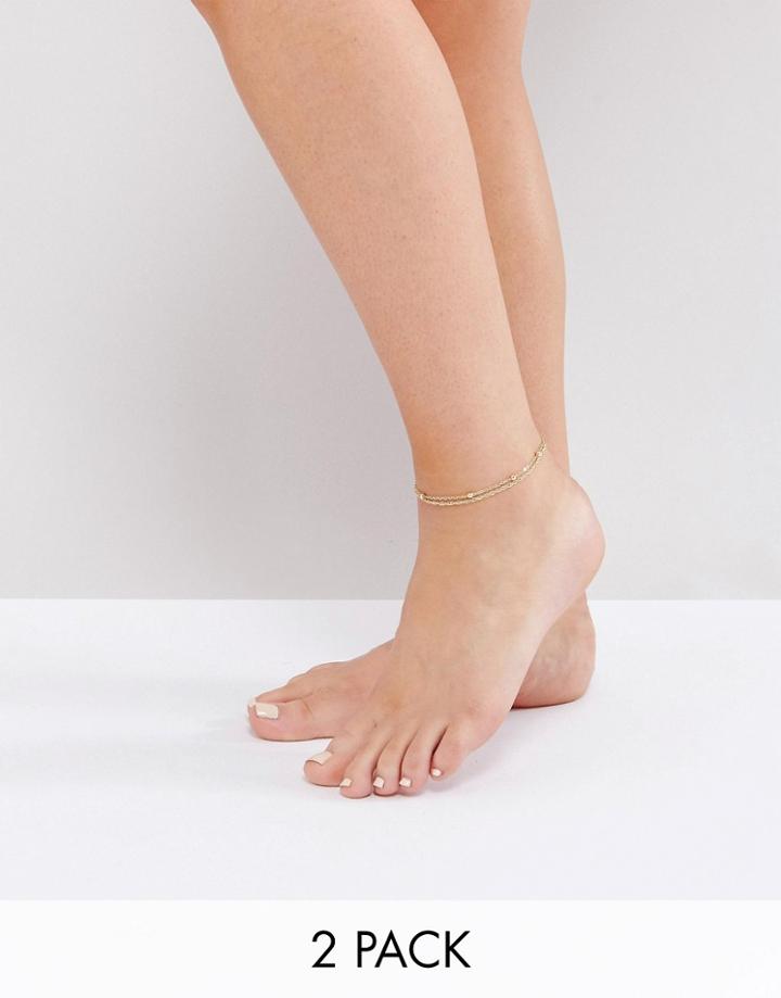 Asos Pack Of 2 Fine Rope And Ball Chain Anklets - Gold
