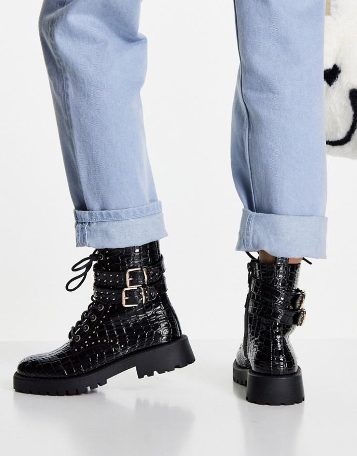 Miss Selfridge Aliyah Black Patent Croc Boot