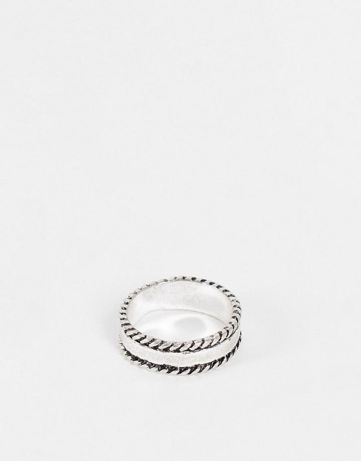 Asos Design Band Ring With Rope Edges In Burnished Silver Tone
