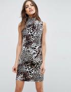 Asos Shift Dress With Shirred Neck In Leopard Print - Multi