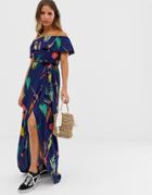 Influence Off Shoulder Maxi Dress In Navy Floral - Navy